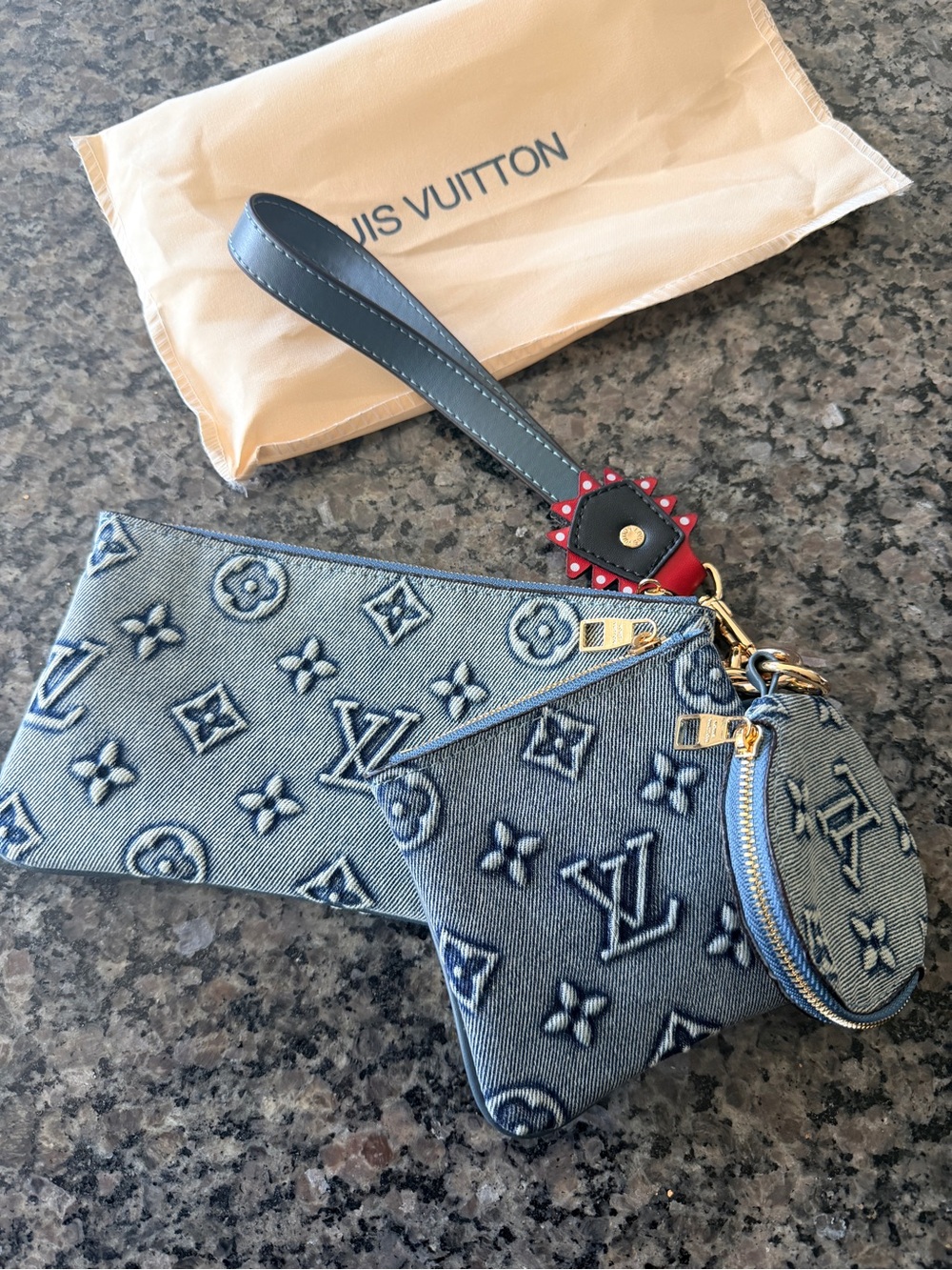 Fashion Brand Blue Denim Monogram Triple Pouch Wristlet with Red Accent